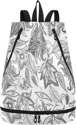 Poeticcity Gym Swimming Drawstring Bags Daypacks Backpack Purse Casual Knapsack Shoulder Bag Sitting Rucksack Traditional Vintage Ancient Asian Elements Paisley Floral Flowers