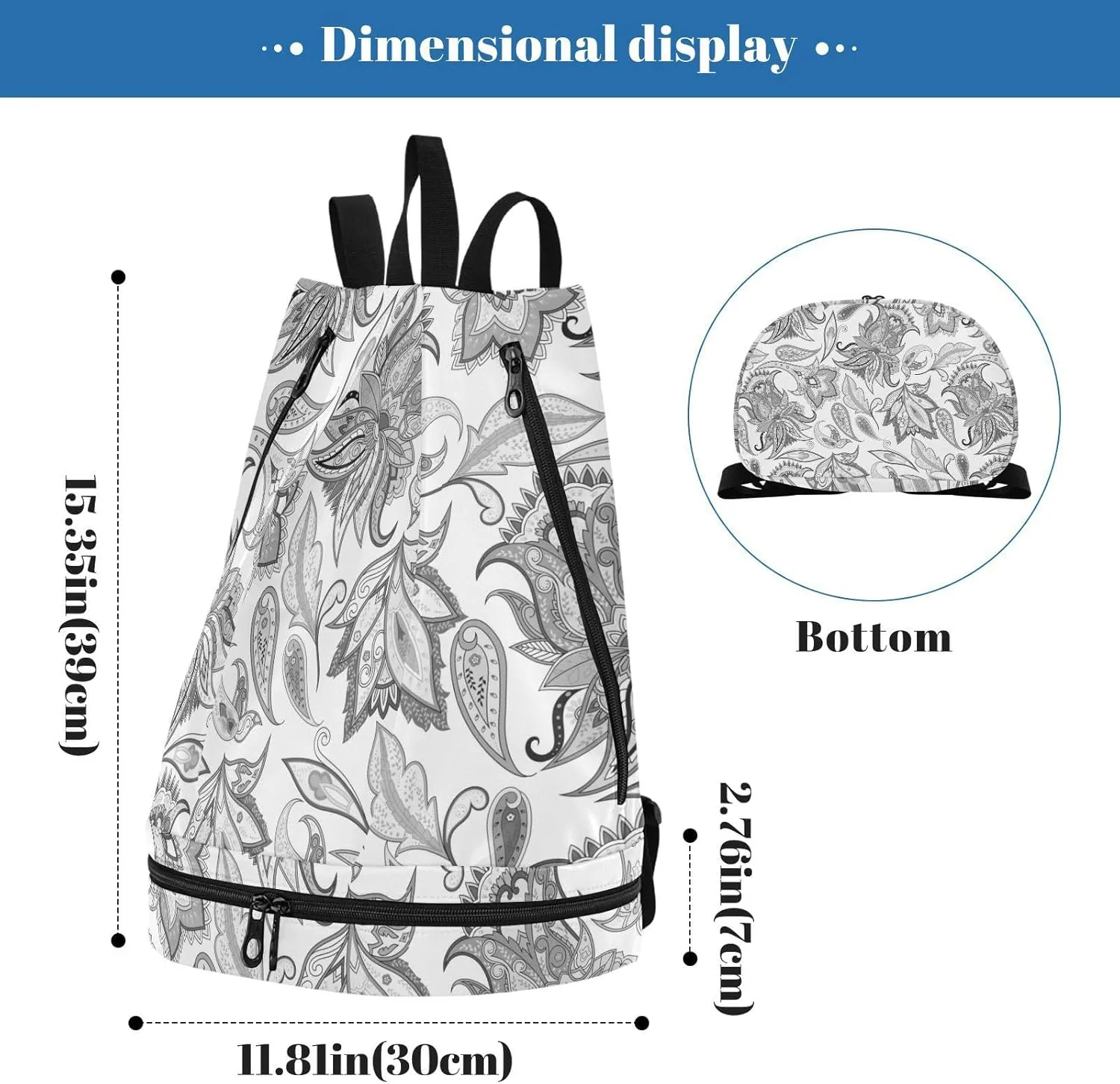 Poeticcity Gym Swimming Drawstring Bags Daypacks Backpack Purse Casual Knapsack Shoulder Bag Sitting Rucksack Traditional Vintage Ancient Asian Elements Paisley Floral Flowers