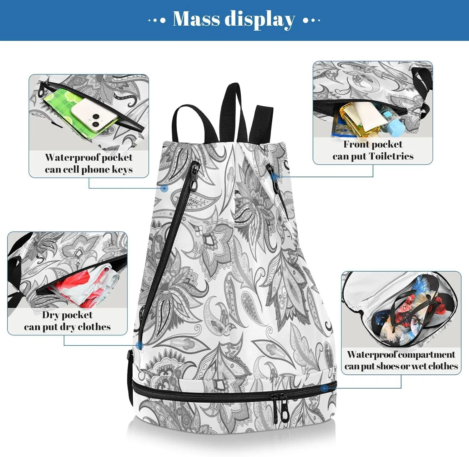 Poeticcity Gym Swimming Drawstring Bags Daypacks Backpack Purse Casual Knapsack Shoulder Bag Sitting Rucksack Traditional Vintage Ancient Asian Elements Paisley Floral Flowers