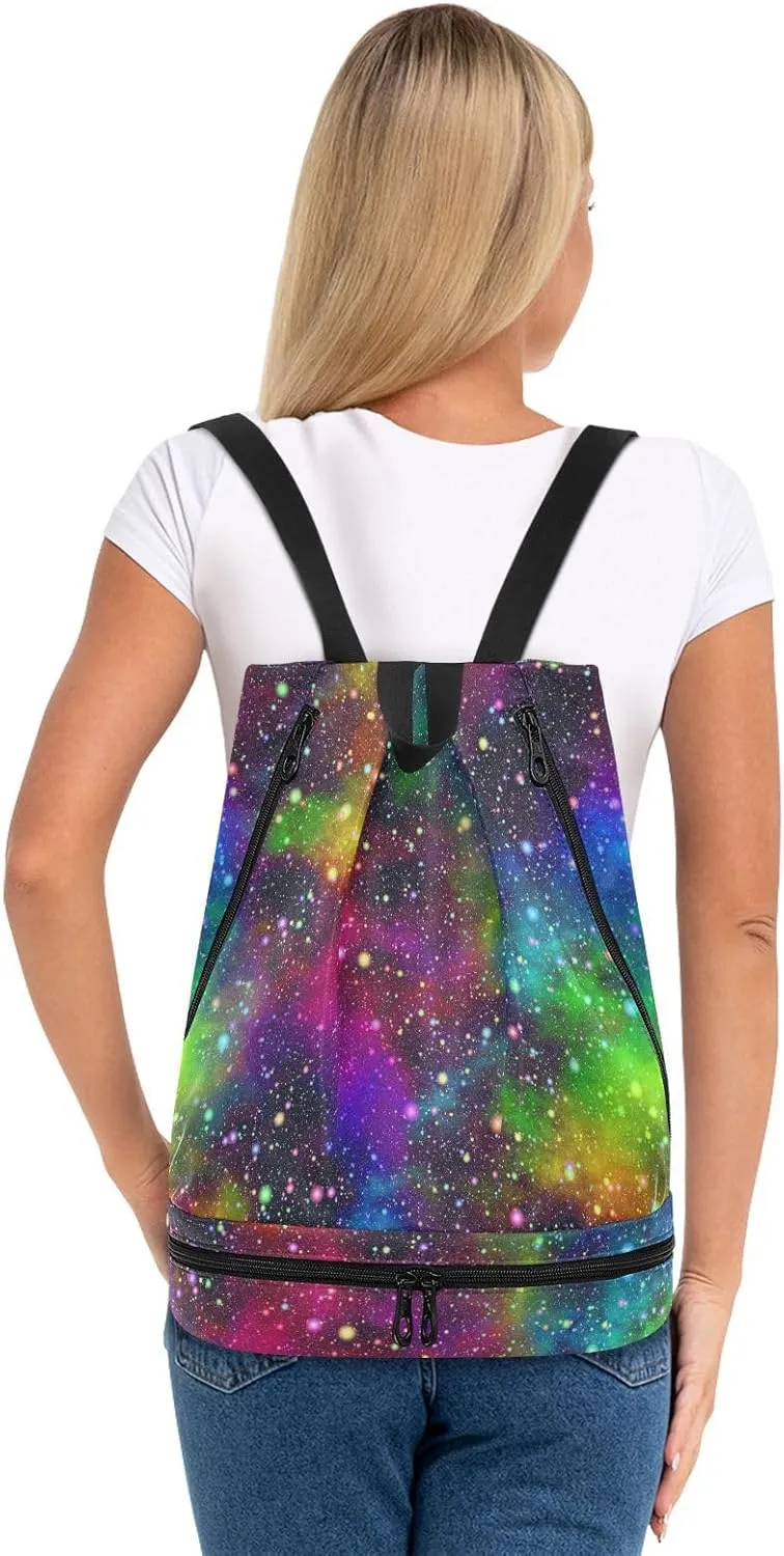Poeticcity Gym Swimming Drawstring Bags Daypacks Backpack Purse Casual Knapsack Shoulder Bag Sitting Rucksack Universe, Nebula Night Starry Sky Rainbow Glittering Galaxy