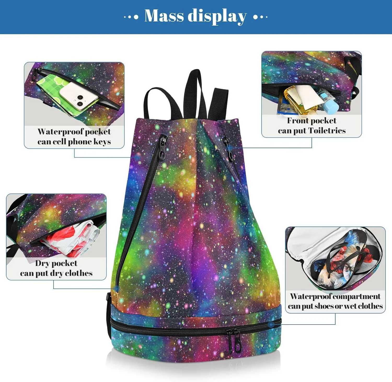 Poeticcity Gym Swimming Drawstring Bags Daypacks Backpack Purse Casual Knapsack Shoulder Bag Sitting Rucksack Universe, Nebula Night Starry Sky Rainbow Glittering Galaxy