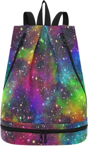 Poeticcity Gym Swimming Drawstring Bags Daypacks Backpack Purse Casual Knapsack Shoulder Bag Sitting Rucksack Universe, Nebula Night Starry Sky Rainbow Glittering Galaxy