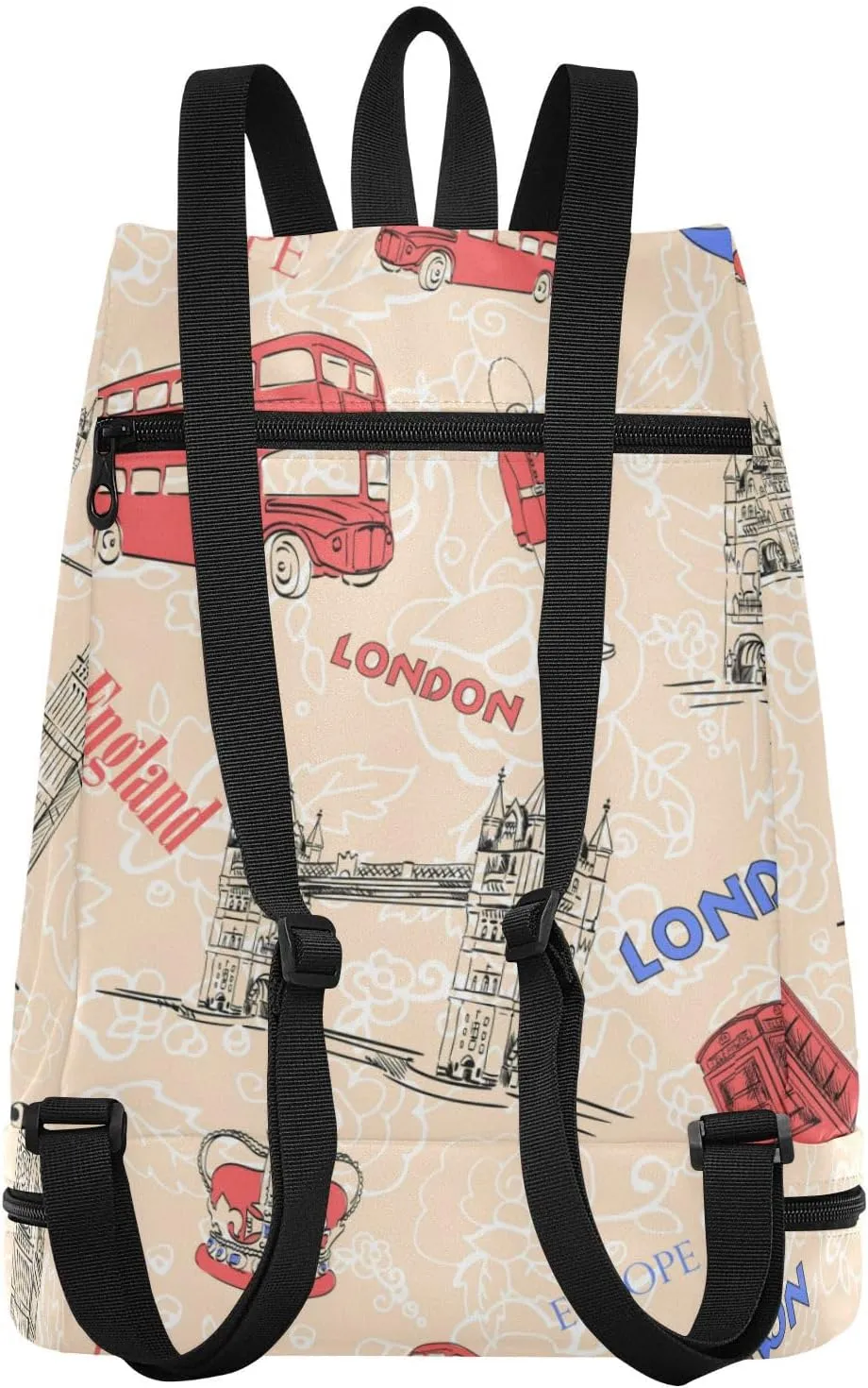 Poeticcity Gym Swimming Drawstring Bags Daypacks Backpack Purse Casual Knapsack Shoulder Bag Sitting Rucksack Vintage England London Big Ben Red Bus Crown Human
