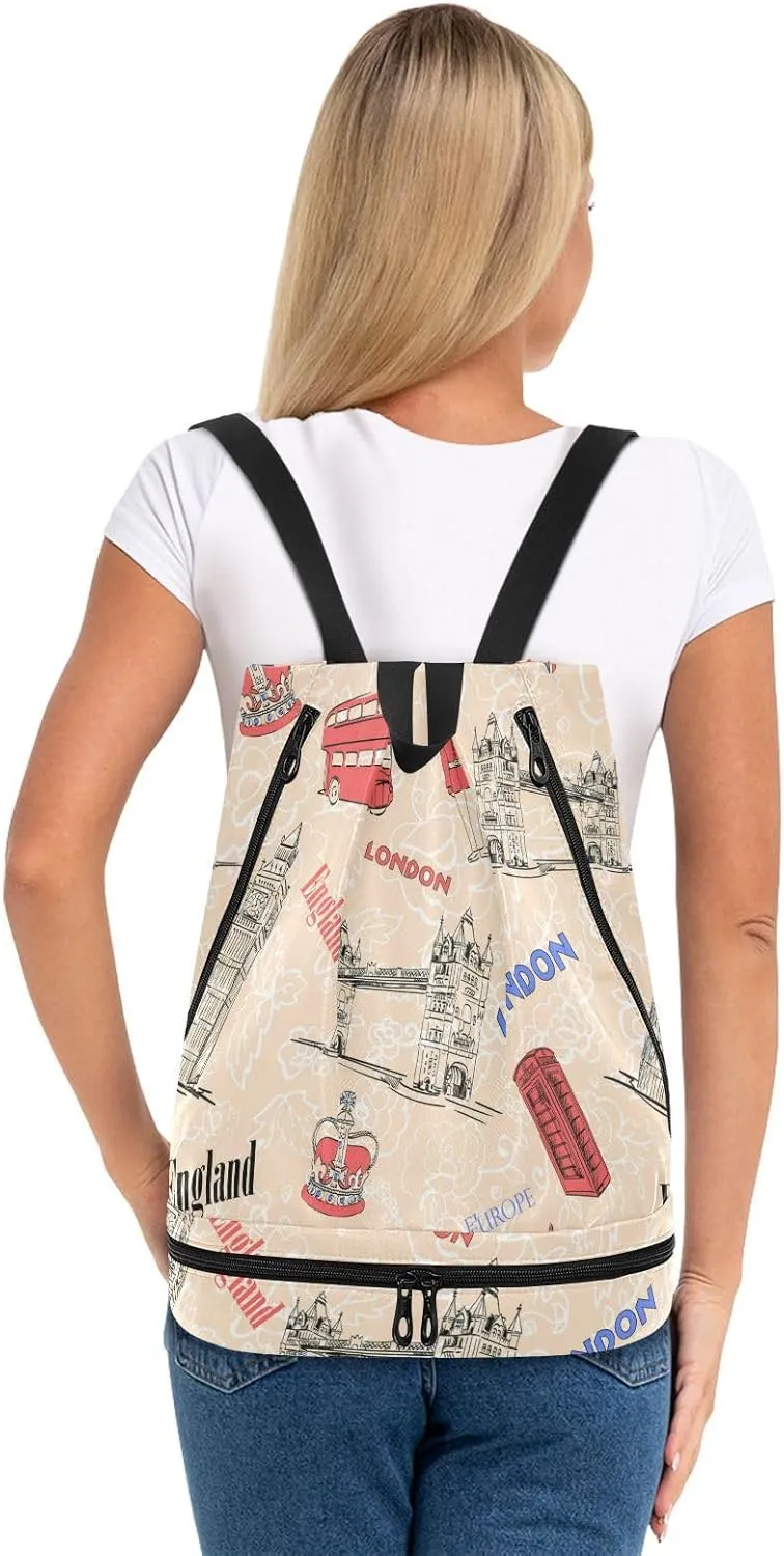 Poeticcity Gym Swimming Drawstring Bags Daypacks Backpack Purse Casual Knapsack Shoulder Bag Sitting Rucksack Vintage England London Big Ben Red Bus Crown Human