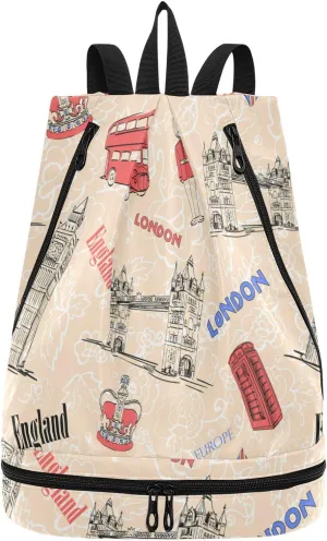 Poeticcity Gym Swimming Drawstring Bags Daypacks Backpack Purse Casual Knapsack Shoulder Bag Sitting Rucksack Vintage England London Big Ben Red Bus Crown Human