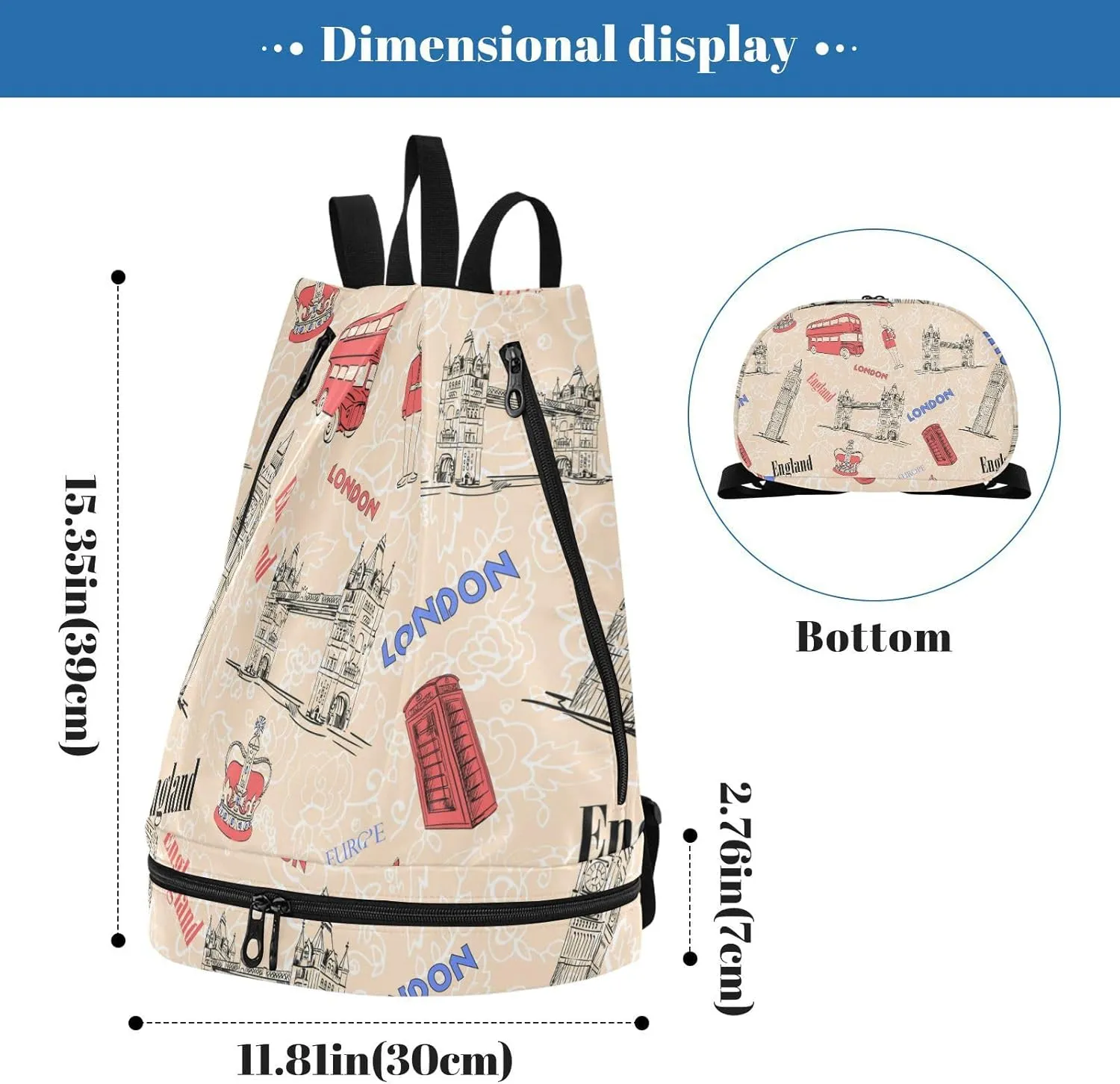 Poeticcity Gym Swimming Drawstring Bags Daypacks Backpack Purse Casual Knapsack Shoulder Bag Sitting Rucksack Vintage England London Big Ben Red Bus Crown Human