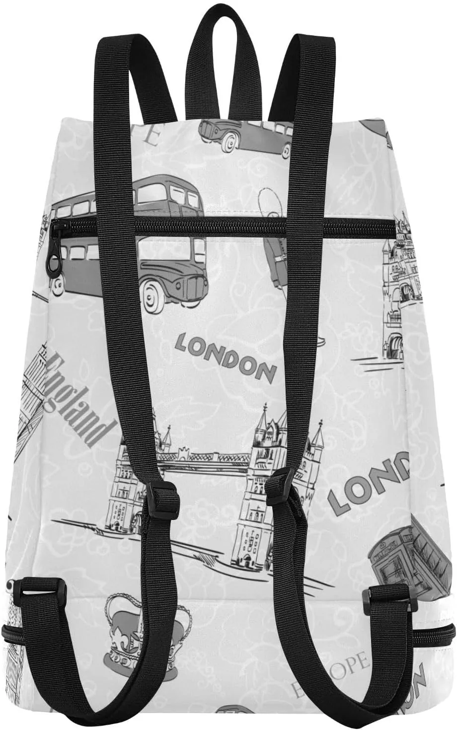 Poeticcity Gym Swimming Drawstring Bags Daypacks Backpack Purse Casual Knapsack Shoulder Bag Sitting Rucksack Vintage Retro Style England London Big Ben Bus Crown Human