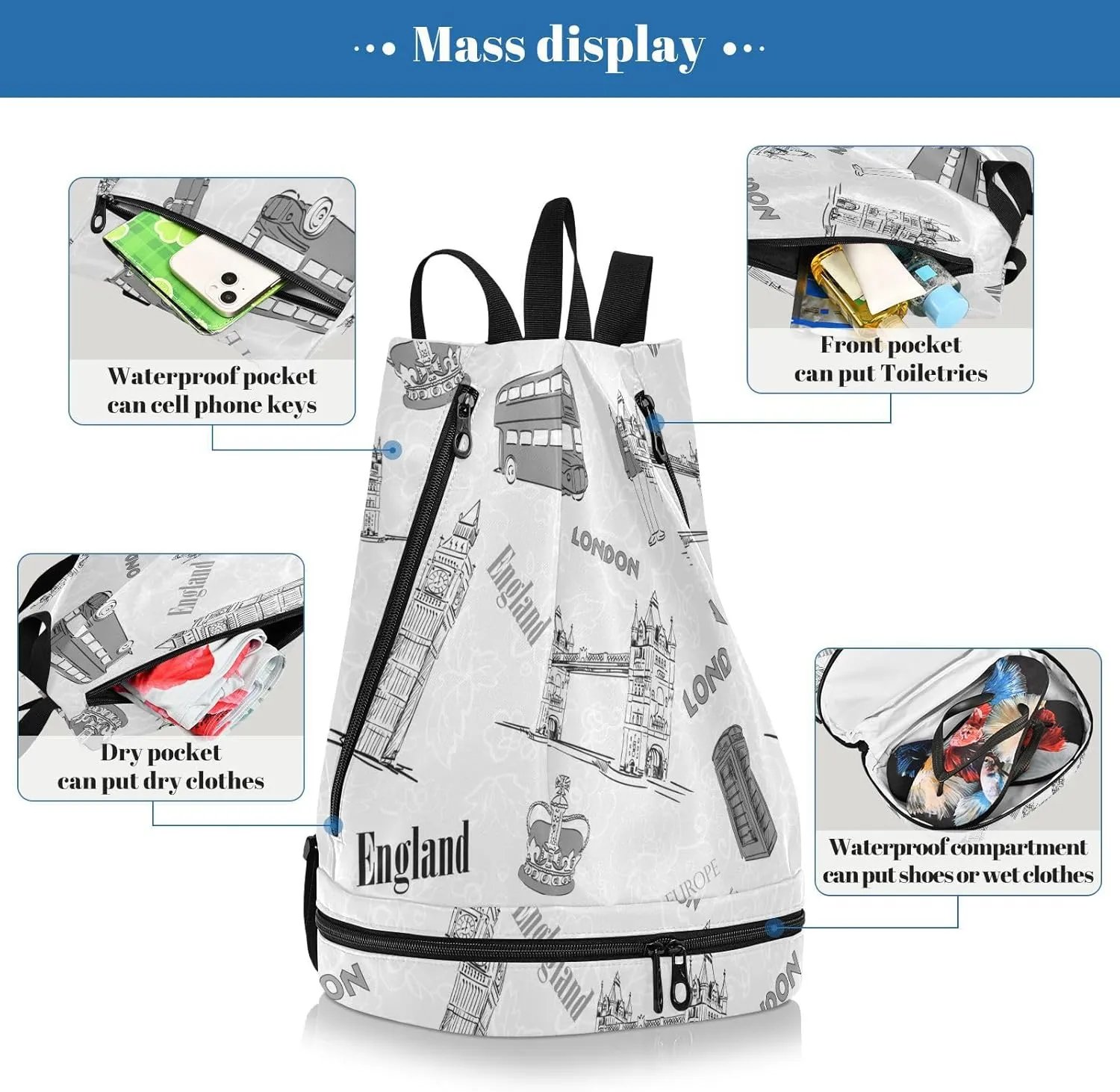 Poeticcity Gym Swimming Drawstring Bags Daypacks Backpack Purse Casual Knapsack Shoulder Bag Sitting Rucksack Vintage Retro Style England London Big Ben Bus Crown Human