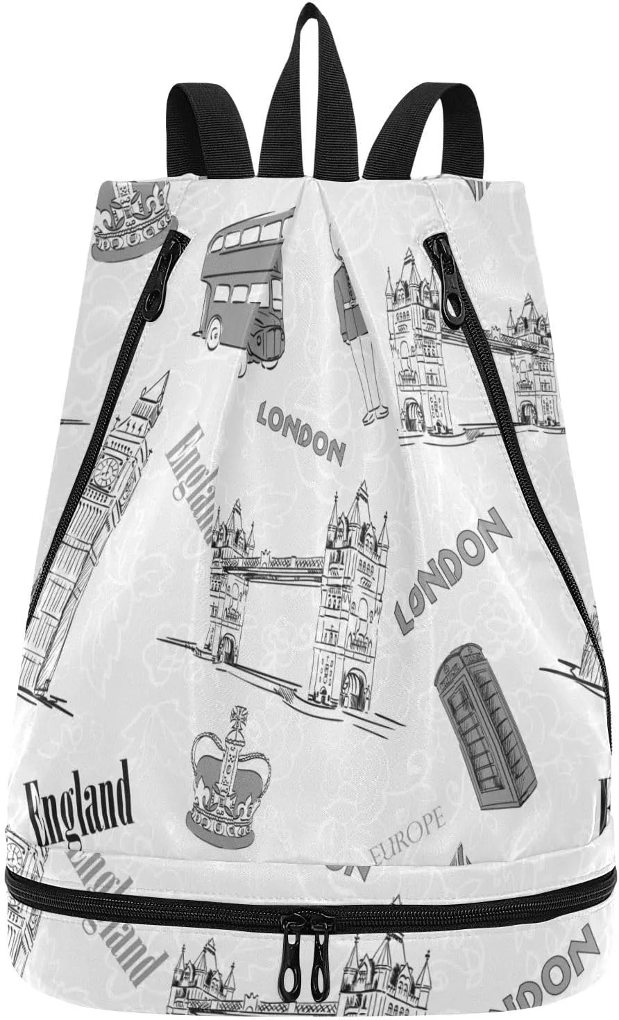 Poeticcity Gym Swimming Drawstring Bags Daypacks Backpack Purse Casual Knapsack Shoulder Bag Sitting Rucksack Vintage Retro Style England London Big Ben Bus Crown Human