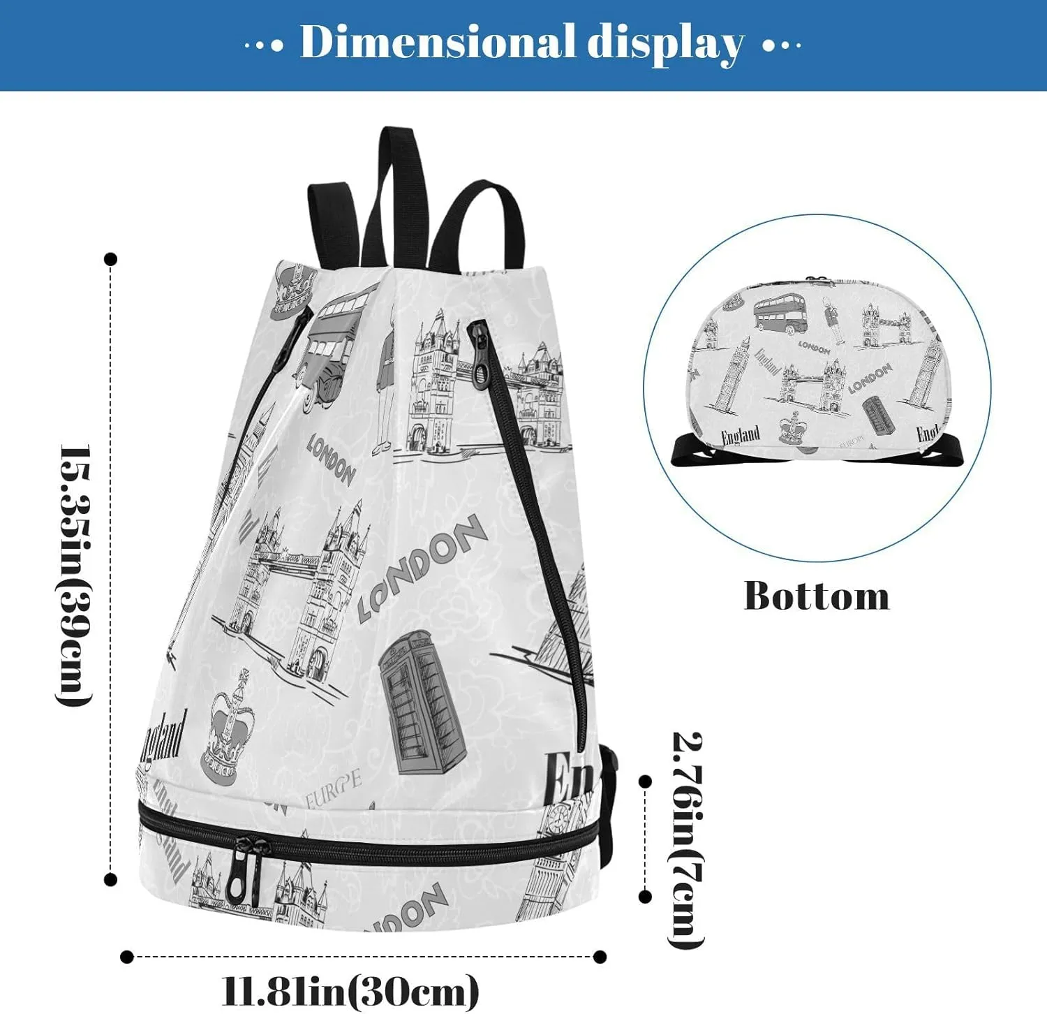 Poeticcity Gym Swimming Drawstring Bags Daypacks Backpack Purse Casual Knapsack Shoulder Bag Sitting Rucksack Vintage Retro Style England London Big Ben Bus Crown Human