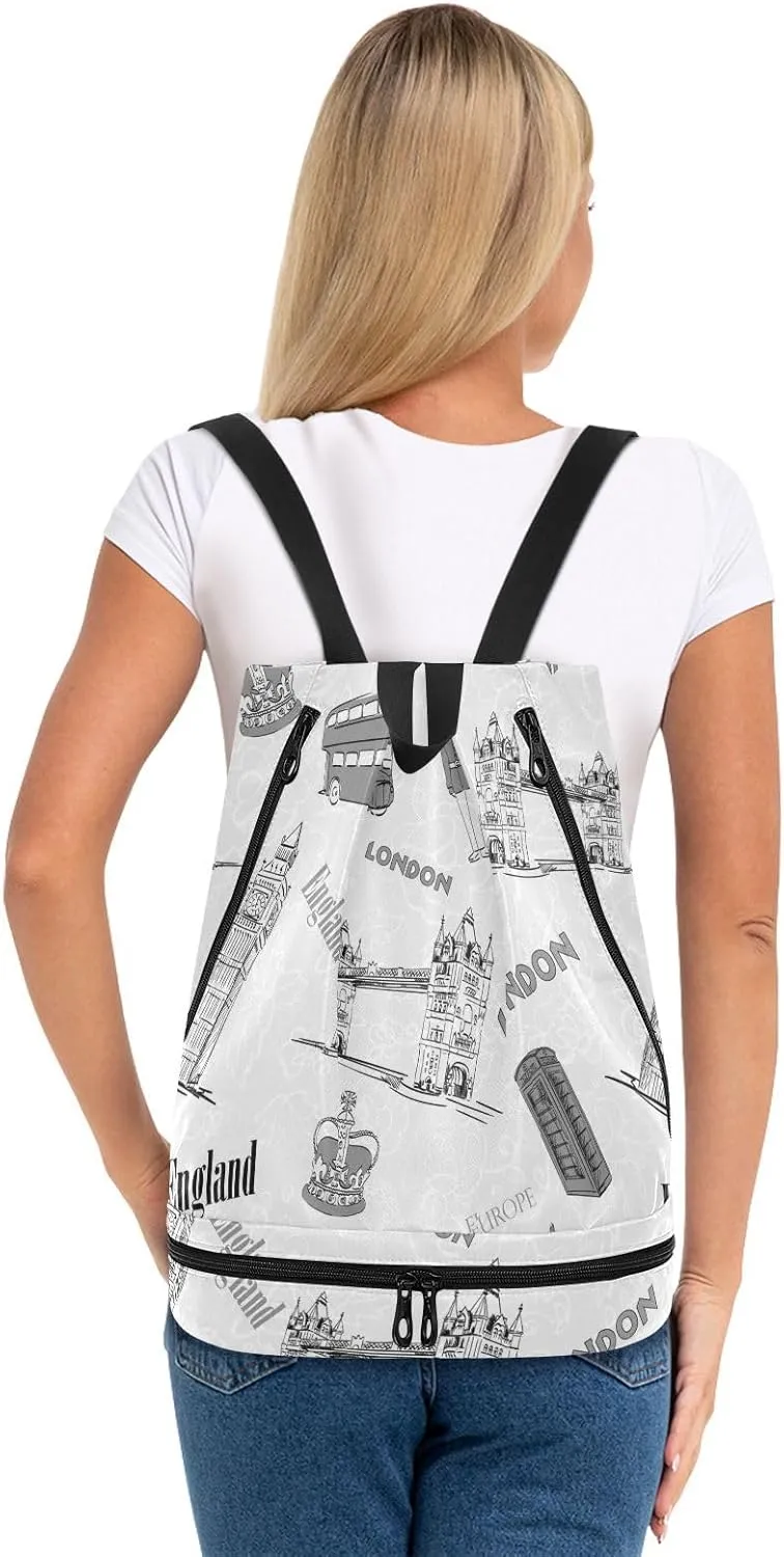 Poeticcity Gym Swimming Drawstring Bags Daypacks Backpack Purse Casual Knapsack Shoulder Bag Sitting Rucksack Vintage Retro Style England London Big Ben Bus Crown Human