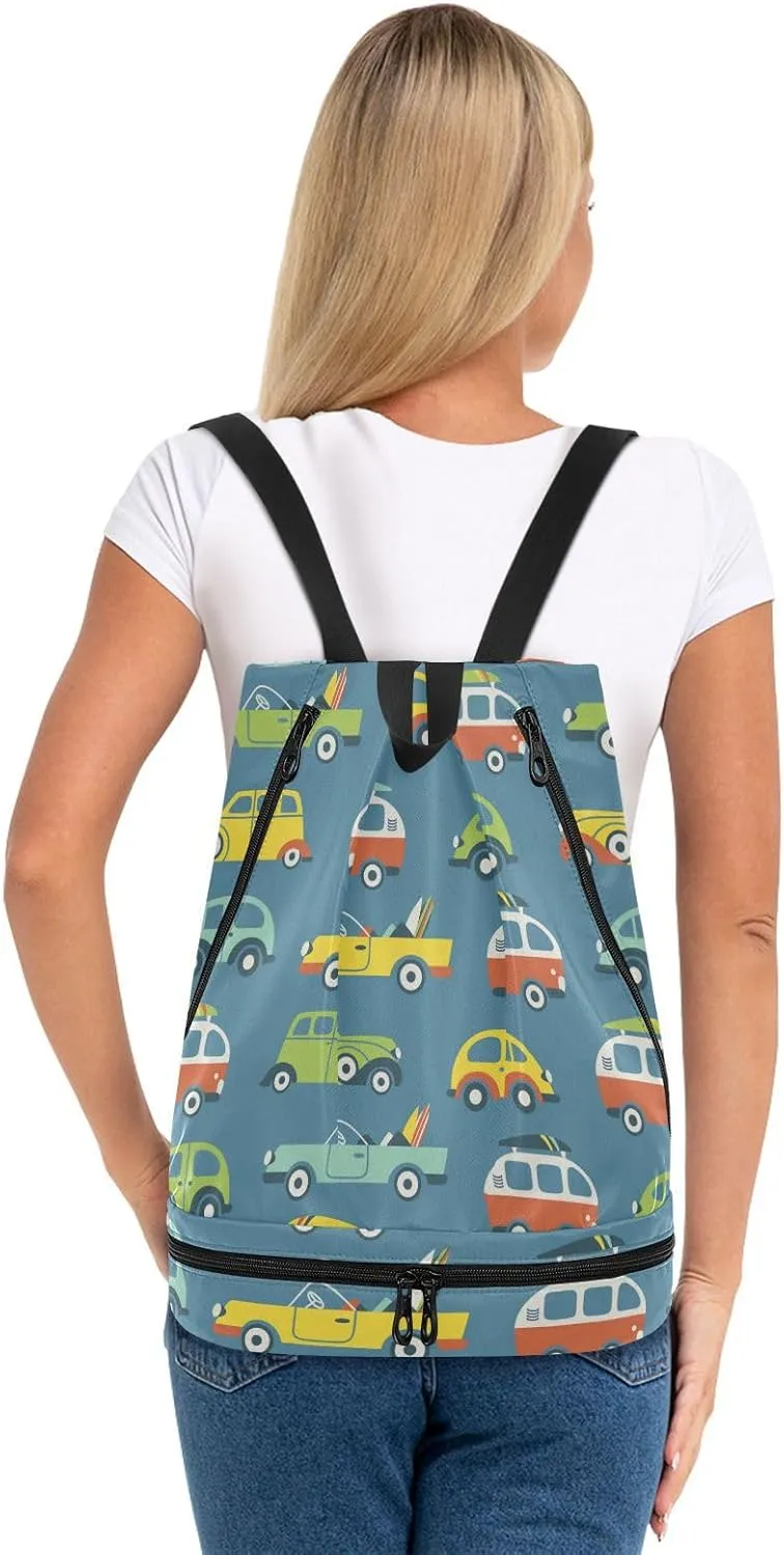 Poeticcity Gym Swimming Drawstring Bags Daypacks Backpack Purse Casual Knapsack Shoulder Bag Sitting Rucksack Vintage Seamless Surf Buses with Surfboards Retro cars on Blue