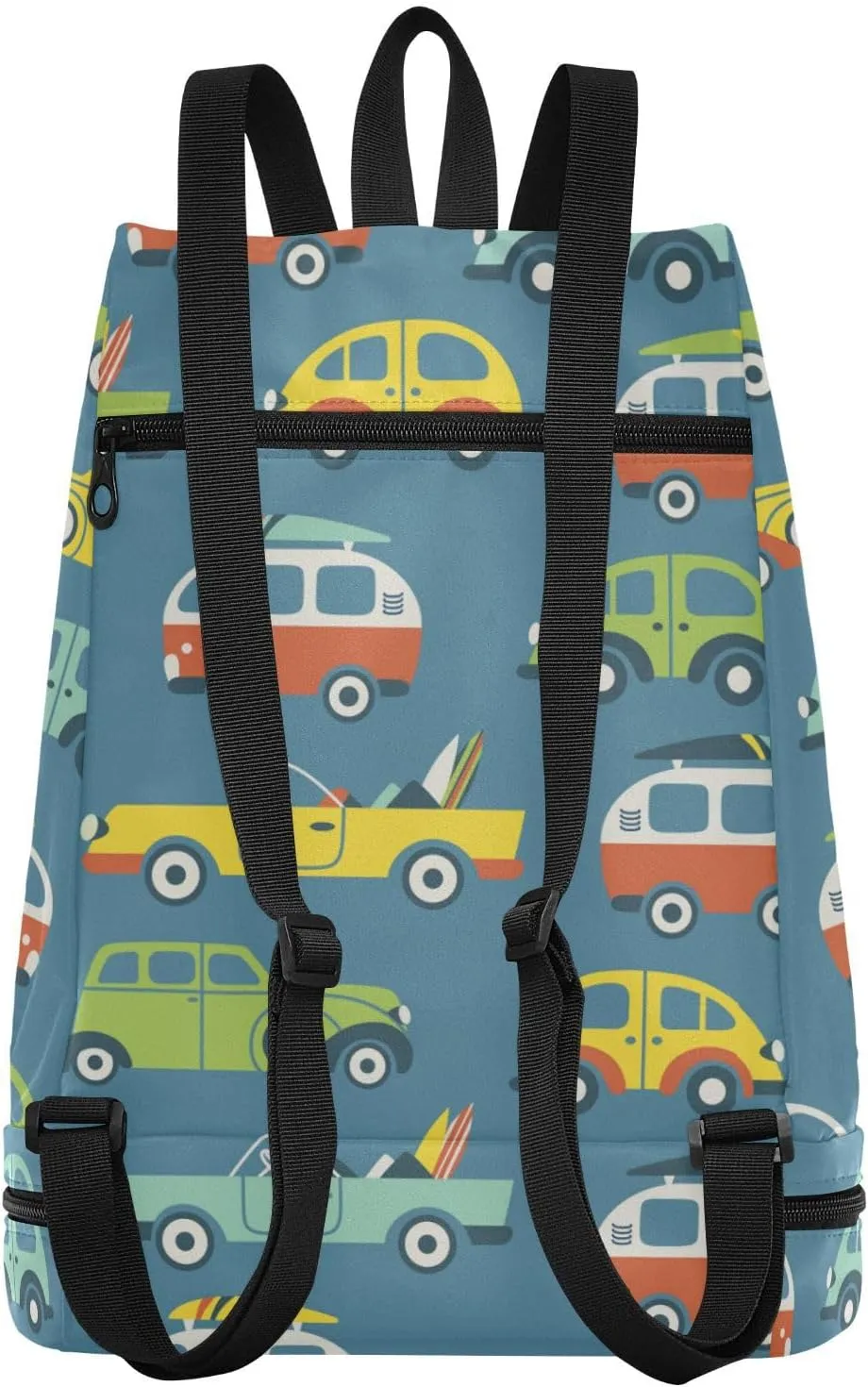 Poeticcity Gym Swimming Drawstring Bags Daypacks Backpack Purse Casual Knapsack Shoulder Bag Sitting Rucksack Vintage Seamless Surf Buses with Surfboards Retro cars on Blue