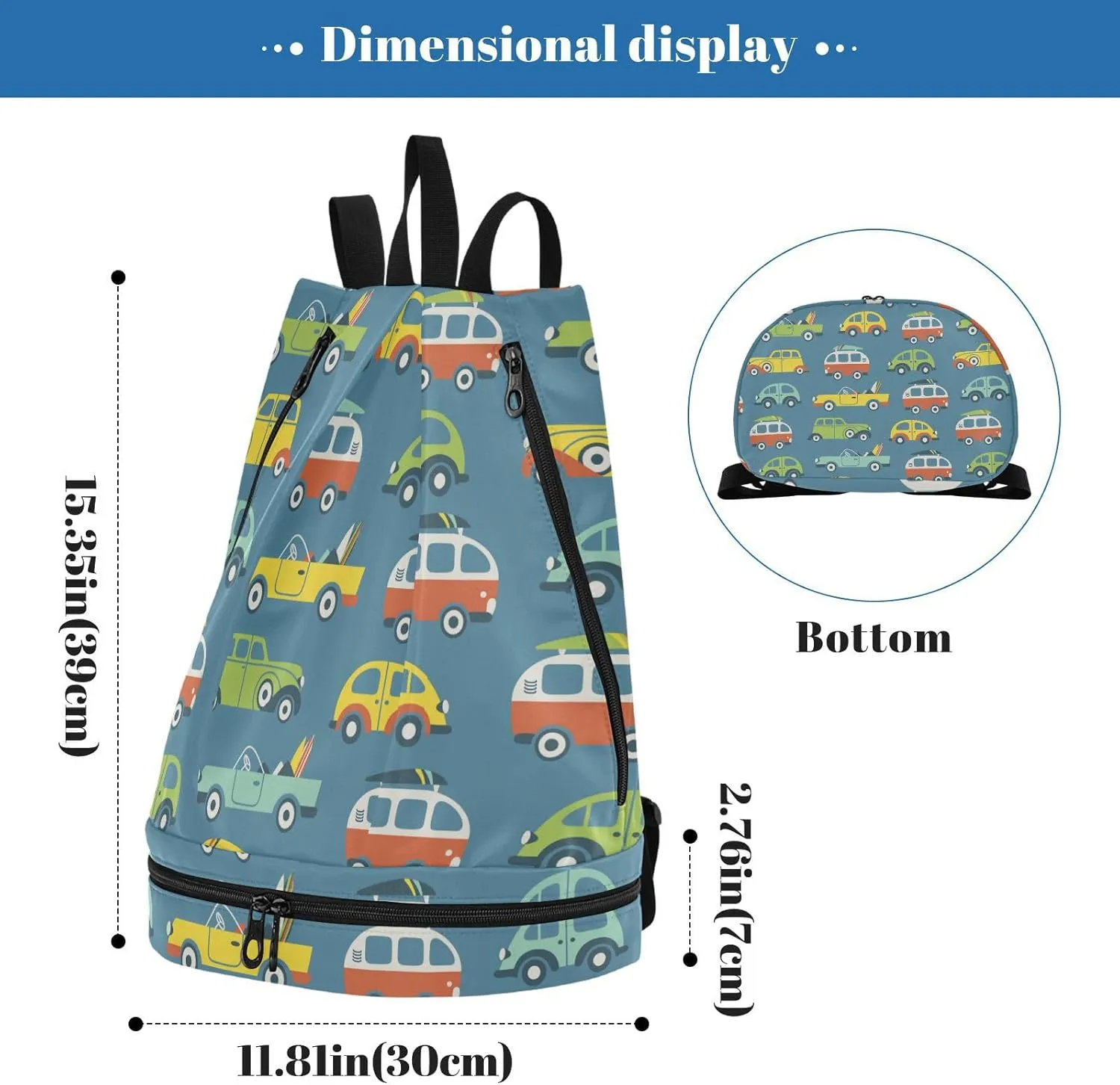 Poeticcity Gym Swimming Drawstring Bags Daypacks Backpack Purse Casual Knapsack Shoulder Bag Sitting Rucksack Vintage Seamless Surf Buses with Surfboards Retro cars on Blue