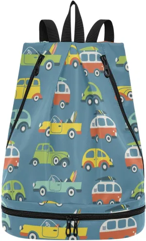 Poeticcity Gym Swimming Drawstring Bags Daypacks Backpack Purse Casual Knapsack Shoulder Bag Sitting Rucksack Vintage Seamless Surf Buses with Surfboards Retro cars on Blue