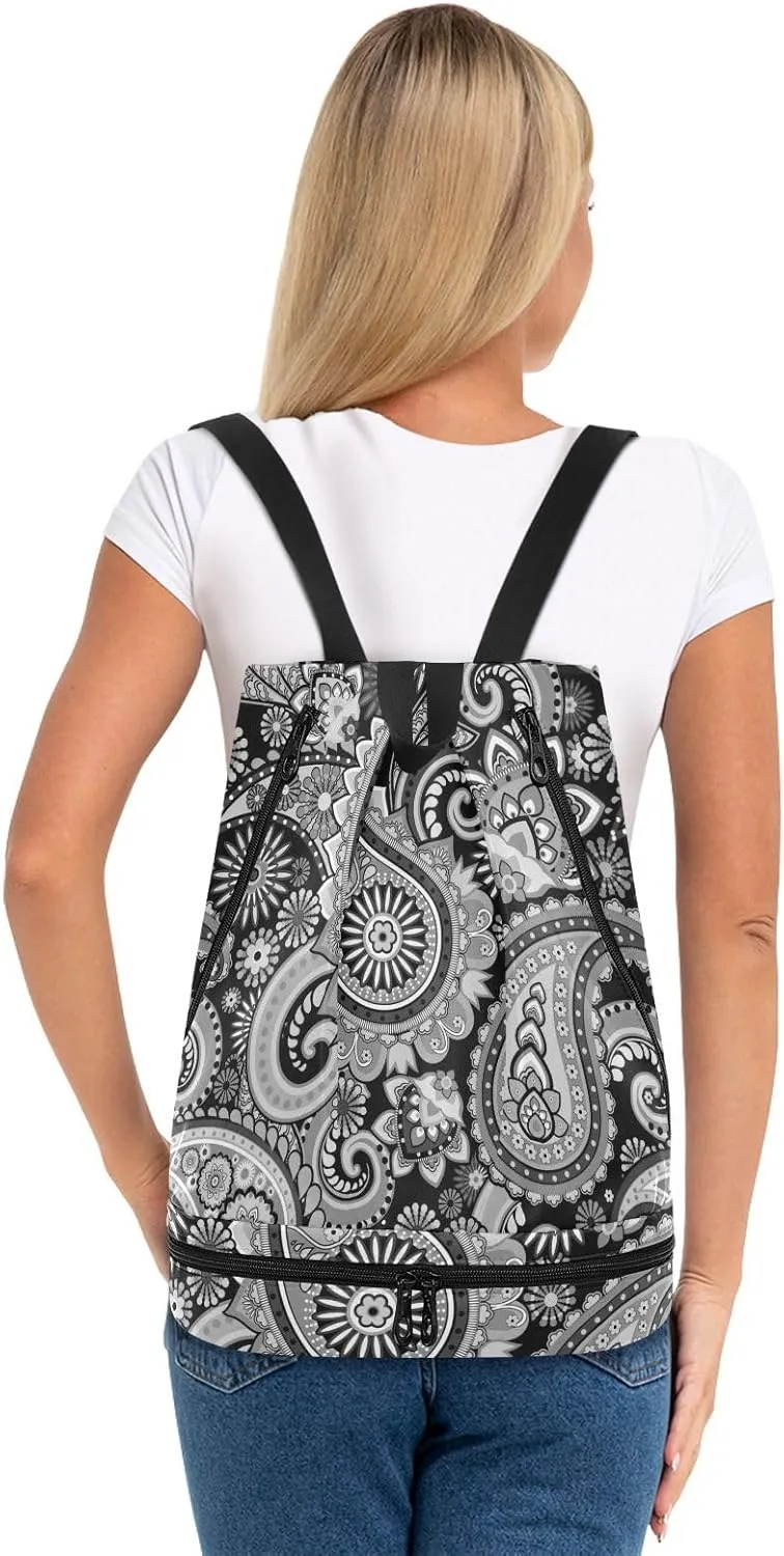Poeticcity Gym Swimming Drawstring Bags Daypacks Backpack Purse Casual Knapsack Shoulder Bag Sitting Rucksack Vintage Traditional Ancient Asian Elements Paisley Floral Flowers