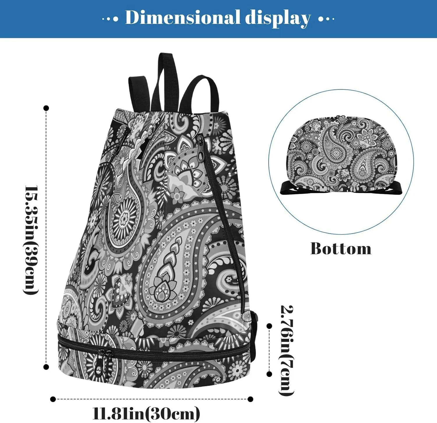 Poeticcity Gym Swimming Drawstring Bags Daypacks Backpack Purse Casual Knapsack Shoulder Bag Sitting Rucksack Vintage Traditional Ancient Asian Elements Paisley Floral Flowers