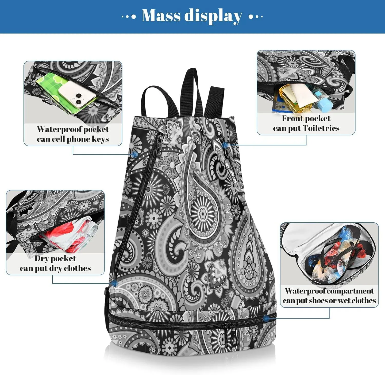 Poeticcity Gym Swimming Drawstring Bags Daypacks Backpack Purse Casual Knapsack Shoulder Bag Sitting Rucksack Vintage Traditional Ancient Asian Elements Paisley Floral Flowers