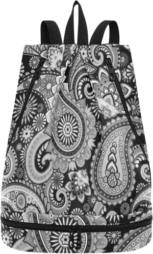 Poeticcity Gym Swimming Drawstring Bags Daypacks Backpack Purse Casual Knapsack Shoulder Bag Sitting Rucksack Vintage Traditional Ancient Asian Elements Paisley Floral Flowers