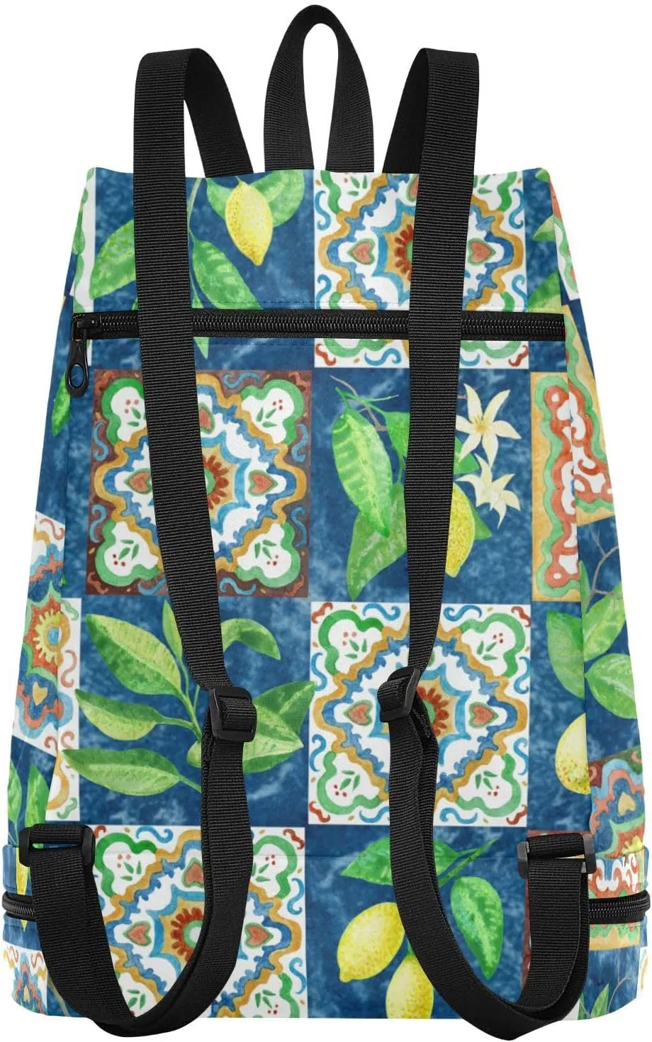 Poeticcity Gym Swimming Drawstring Bags Daypacks Backpack Purse Casual Knapsack Shoulder Bag Sitting Rucksack Watercolor Painted Mosaic Ceramic Tiles Lemon Fruits and Leaves