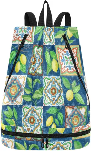 Poeticcity Gym Swimming Drawstring Bags Daypacks Backpack Purse Casual Knapsack Shoulder Bag Sitting Rucksack Watercolor Painted Mosaic Ceramic Tiles Lemon Fruits and Leaves
