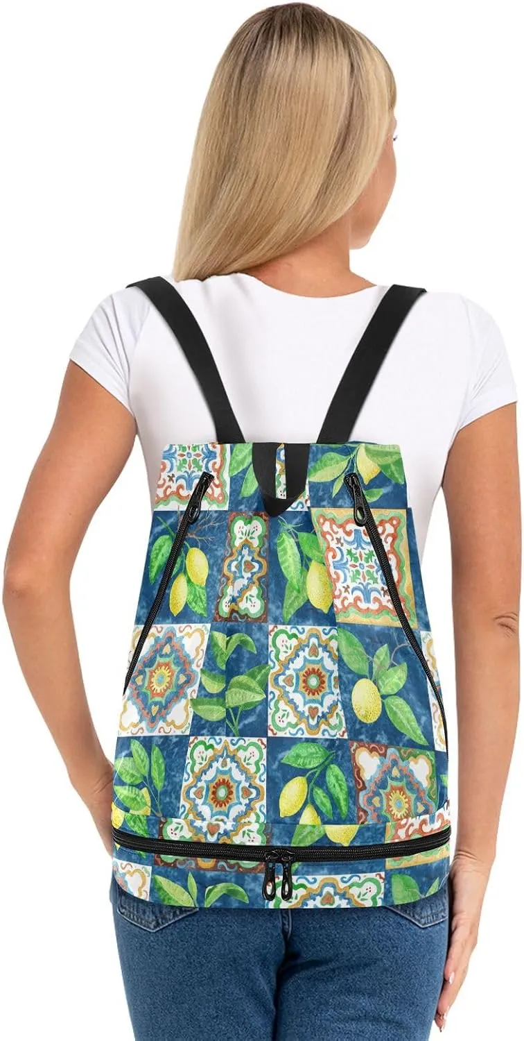Poeticcity Gym Swimming Drawstring Bags Daypacks Backpack Purse Casual Knapsack Shoulder Bag Sitting Rucksack Watercolor Painted Mosaic Ceramic Tiles Lemon Fruits and Leaves