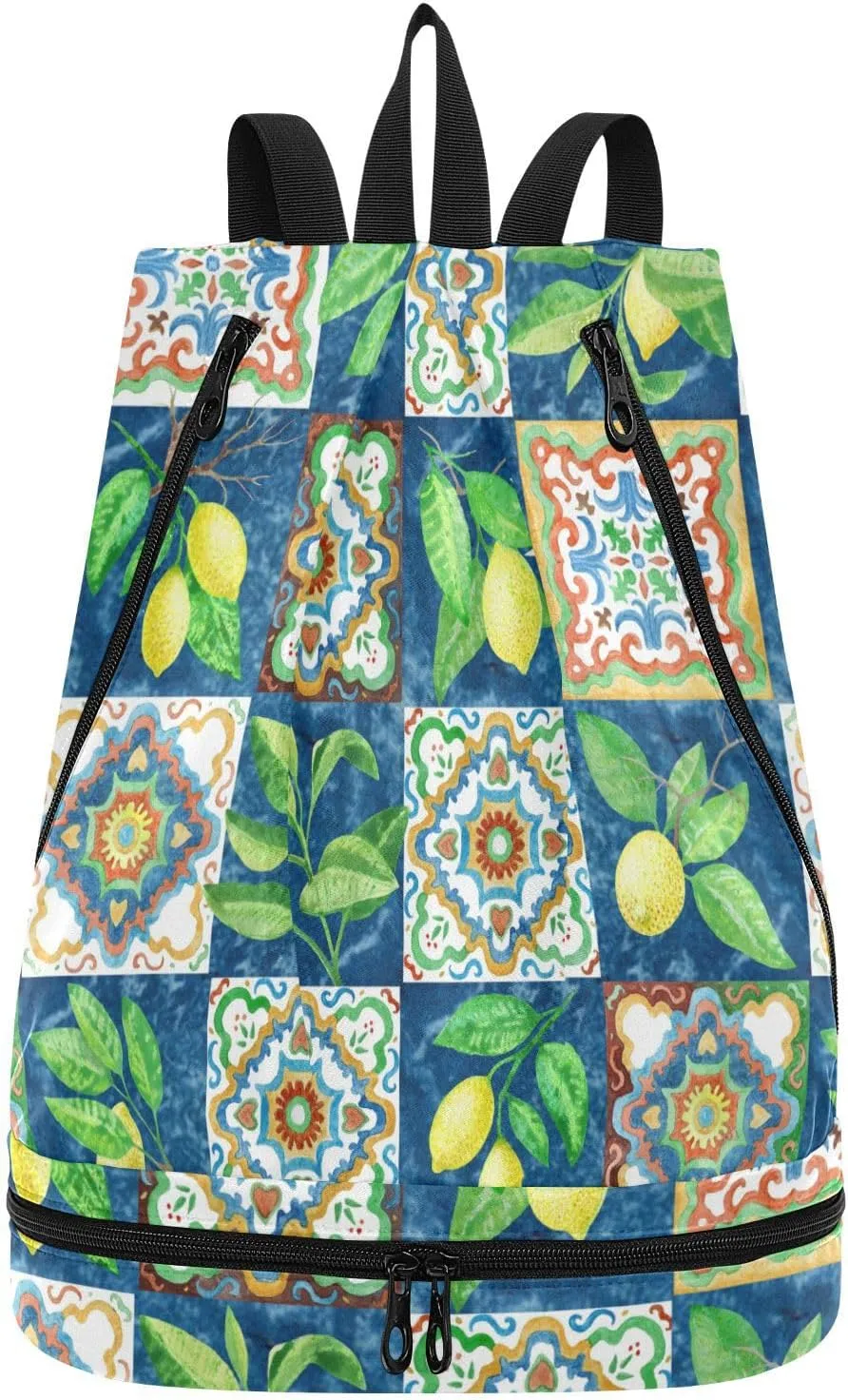 Poeticcity Gym Swimming Drawstring Bags Daypacks Backpack Purse Casual Knapsack Shoulder Bag Sitting Rucksack Watercolor Painted Mosaic Ceramic Tiles Lemon Fruits and Leaves