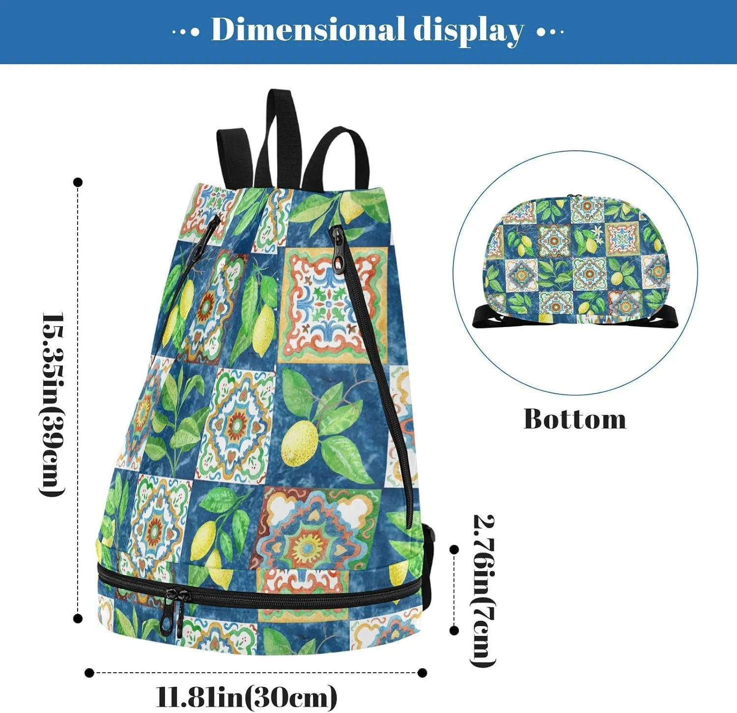 Poeticcity Gym Swimming Drawstring Bags Daypacks Backpack Purse Casual Knapsack Shoulder Bag Sitting Rucksack Watercolor Painted Mosaic Ceramic Tiles Lemon Fruits and Leaves