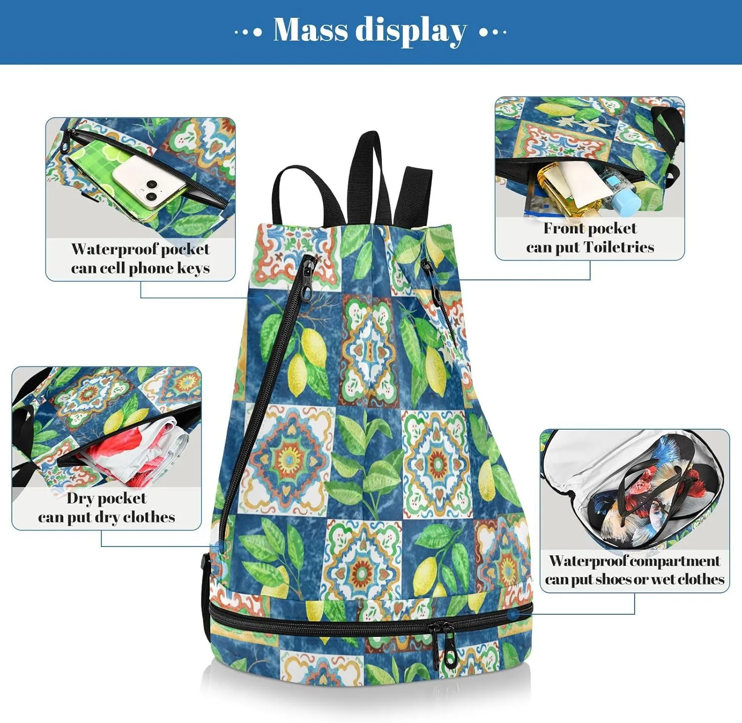 Poeticcity Gym Swimming Drawstring Bags Daypacks Backpack Purse Casual Knapsack Shoulder Bag Sitting Rucksack Watercolor Painted Mosaic Ceramic Tiles Lemon Fruits and Leaves