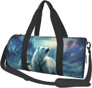 Polar Bears Northern Lights Travel Duffle Bag Carry On Weekender Overnight Bag Sport Gym Bag for Women Men Foldable Travel Duffle Round Duffle Bag for Travel Sports Gym