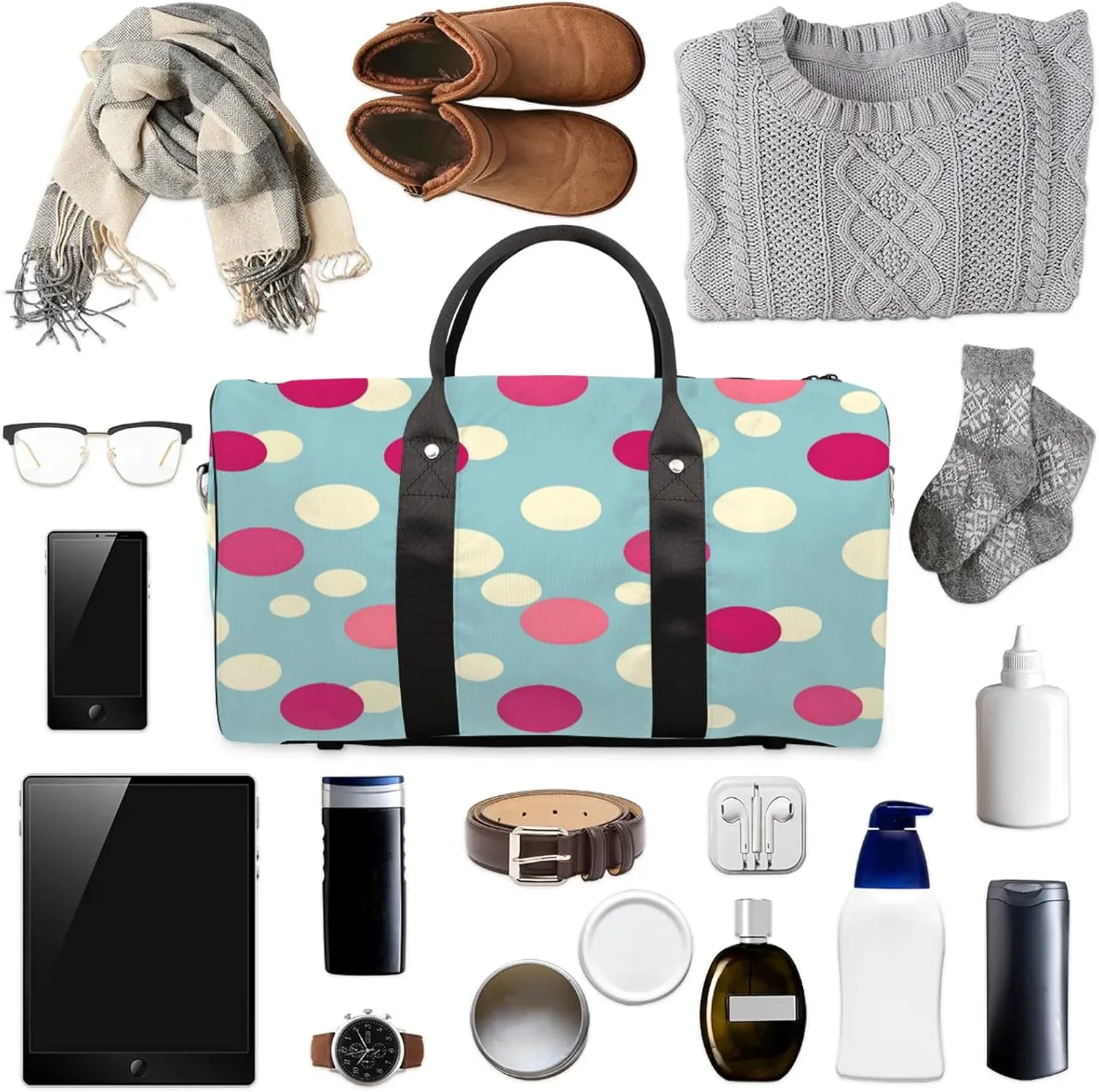 Polka Dot Duffle Bag for Travel, Overnight Weekend Gym Carry On Luggage Bag, Watercolor Rainbow Colorful Travel Duffel Bag for Men Women