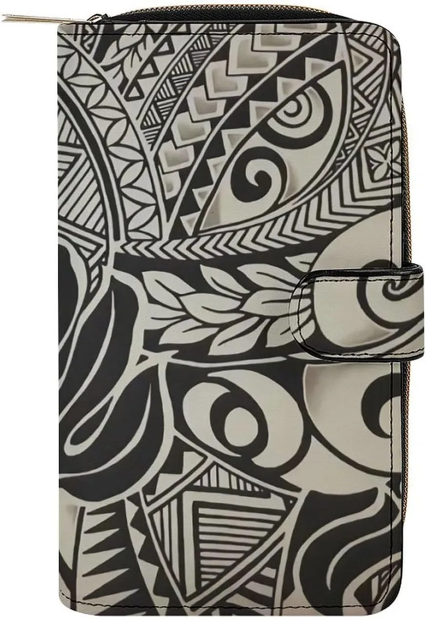 Polynesian Tattoo Hawaiian Fabric Purses for Women Zipper Leather Clutch Purse Travel Handbag Card Case Wallet