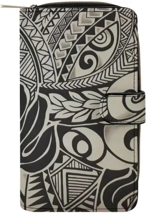 Polynesian Tattoo Hawaiian Fabric Purses for Women Zipper Leather Clutch Purse Travel Handbag Card Case Wallet