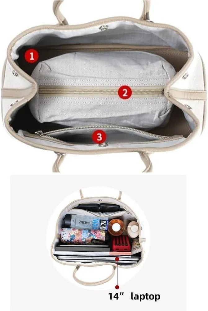Portable Cowhide tote for women,Women's Bag Garden,Canvas With Top Layer Cowhide Countercolor Shoulder Tote Bag