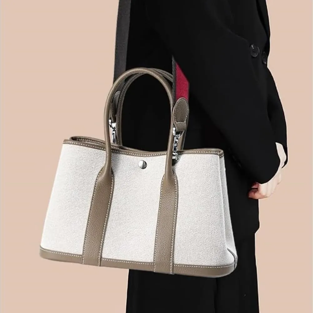 Portable Cowhide tote for women,Women's Bag Garden,Canvas With Top Layer Cowhide Countercolor Shoulder Tote Bag