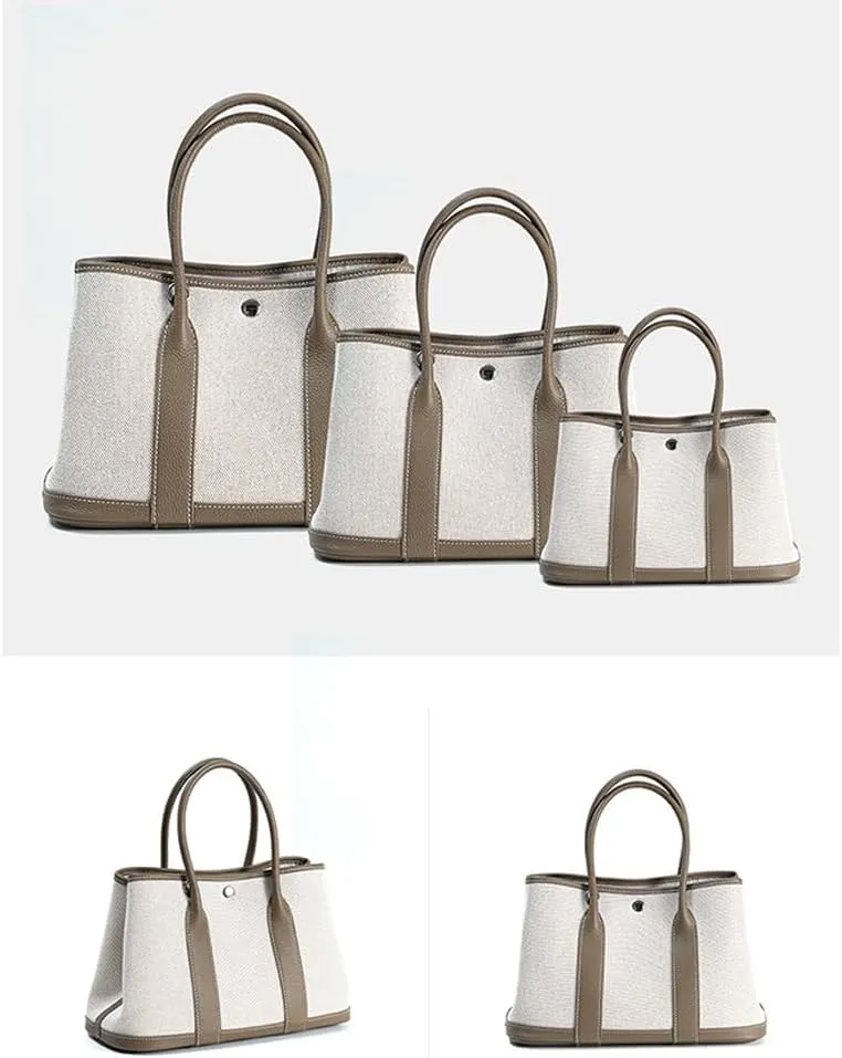 Portable Cowhide tote for women,Women's Bag Garden,Canvas With Top Layer Cowhide Countercolor Shoulder Tote Bag