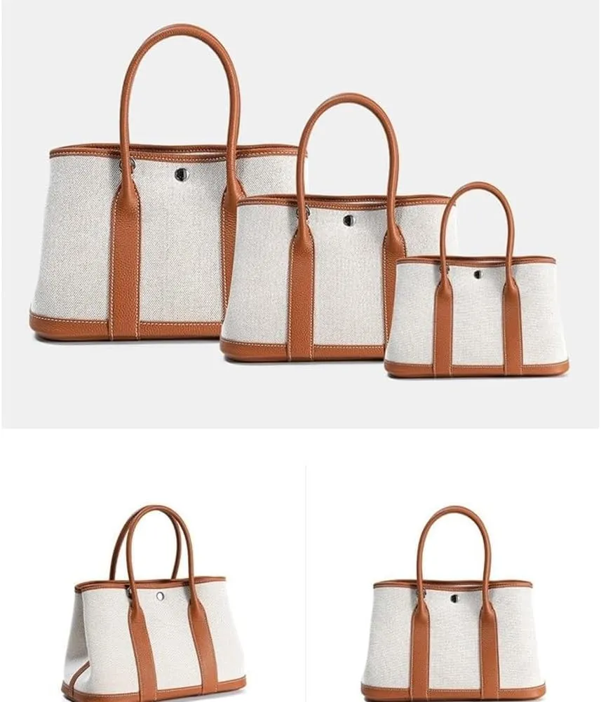 Portable Cowhide tote for women,Women's Bag Garden,Canvas With Top Layer Cowhide Countercolor Shoulder Tote Bag