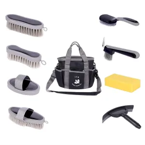 Premium Grooming Kit (9 Piece) - Organizer Tote Bag with Brushes for Tack Room - Nylon & Plastic Brushes for Horses - Perfect for Beginners or Professionals