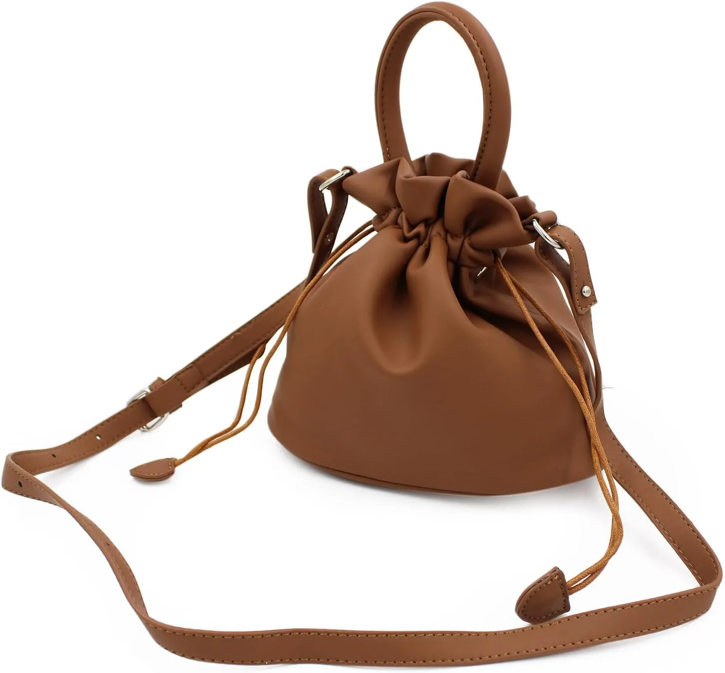 Premium Soft Vegan Leather Top Handle Bucket Bag Handbag Shoulder Crossbody, Tan