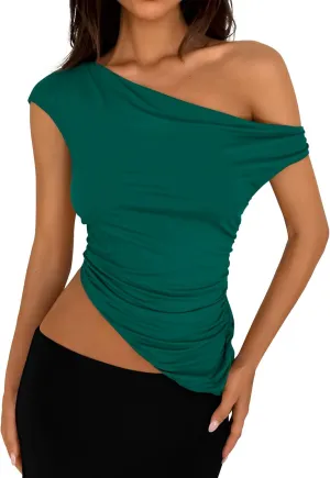 PRETTYGARDEN Womens Off The Shoulder Tops 2025 Summer Sleeveless One Shoulder Ruched Asymmetrical Y2K Going Out Crop Tank Top