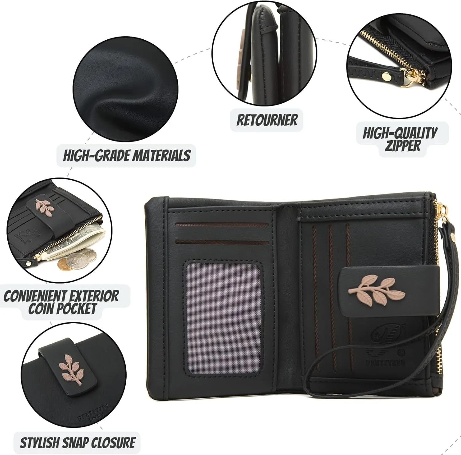 Prettyzys Small Bifold Wristlet Wallet for Women – Handmade, RFID Blocking Wallet Case with Credit Card Sleeves, Cash & Coin Storage Compartments – Mini Purse for Ladies, Teenage Girls - Black