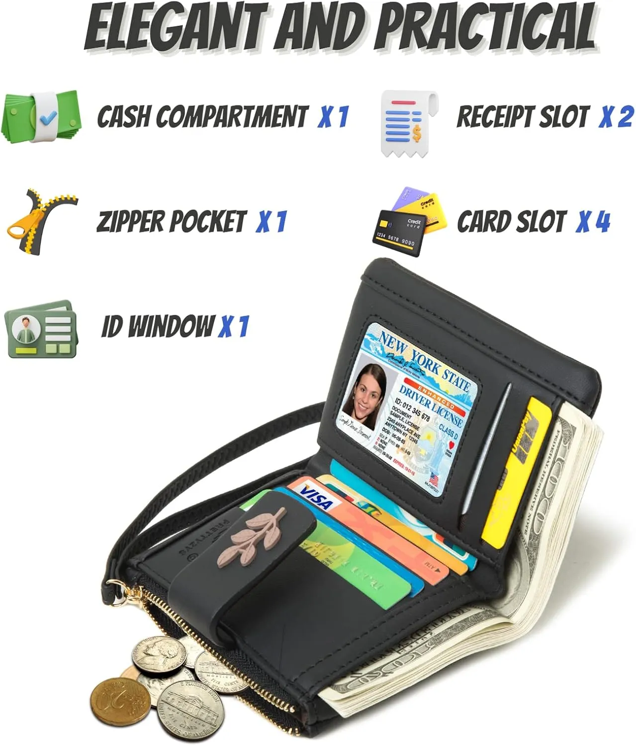 Prettyzys Small Bifold Wristlet Wallet for Women – Handmade, RFID Blocking Wallet Case with Credit Card Sleeves, Cash & Coin Storage Compartments – Mini Purse for Ladies, Teenage Girls - Black