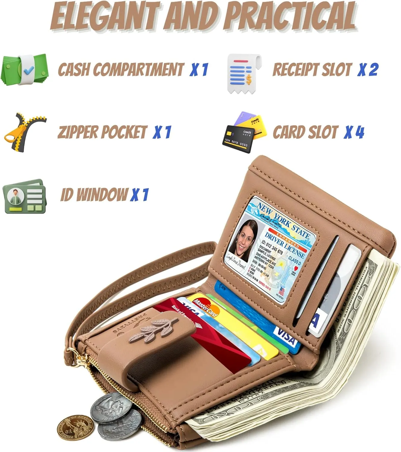 Prettyzys Small Bifold Wristlet Wallet for Women – Handmade, RFID Blocking Wallet Case with Credit Card Sleeves, Cash & Coin Storage Compartments – Mini Purse for Ladies, Teenage Girls - Coffee