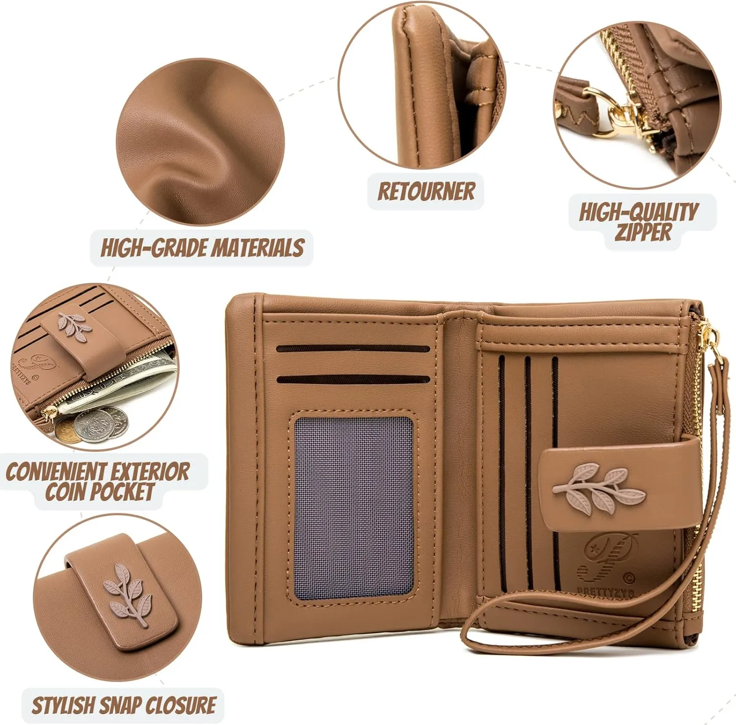 Prettyzys Small Bifold Wristlet Wallet for Women – Handmade, RFID Blocking Wallet Case with Credit Card Sleeves, Cash & Coin Storage Compartments – Mini Purse for Ladies, Teenage Girls - Coffee