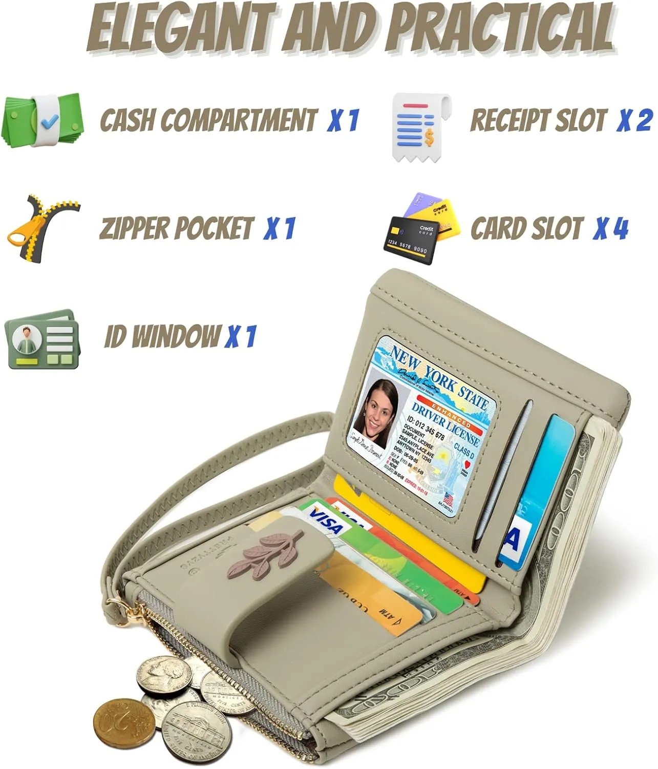 Prettyzys Small Bifold Wristlet Wallet for Women – Handmade, RFID Blocking Wallet Case with Credit Card Sleeves, Cash & Coin Storage Compartments – Mini Purse for Ladies, Teenage Girls - Grey Green