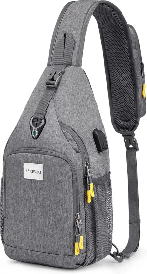 Prospo Sling Bag for Women Men Crossbody backpack with USB Charging Port, Small Hiking Daypack Chest Bag for Travel Outdoor