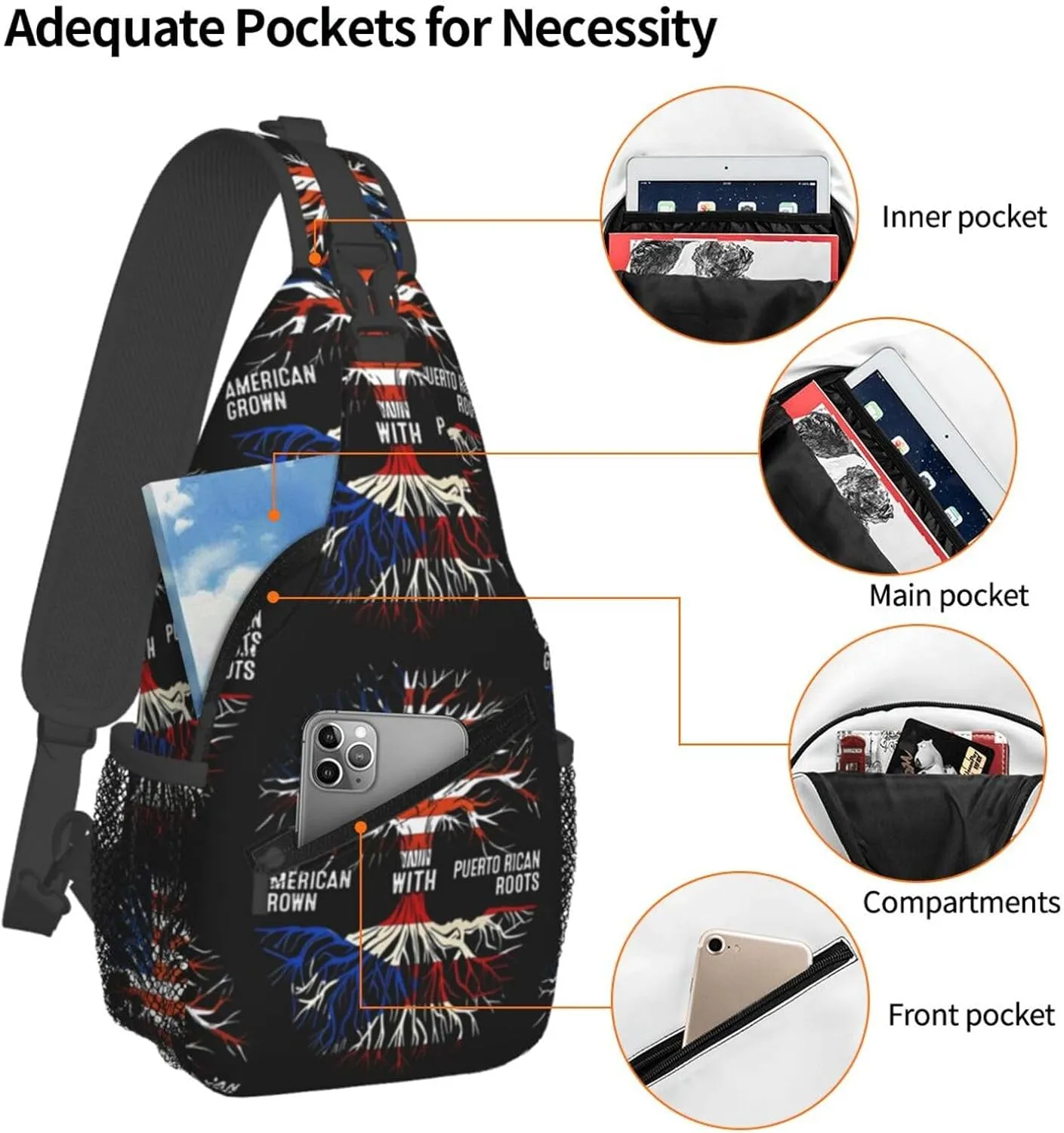 Puerto Rico Flag American Puerto Rican Roots Tree Chest Sling Bag Crossbody Shoulder Backpack Bag Gym Cycling Travel Hiking Daypack Cross Bag