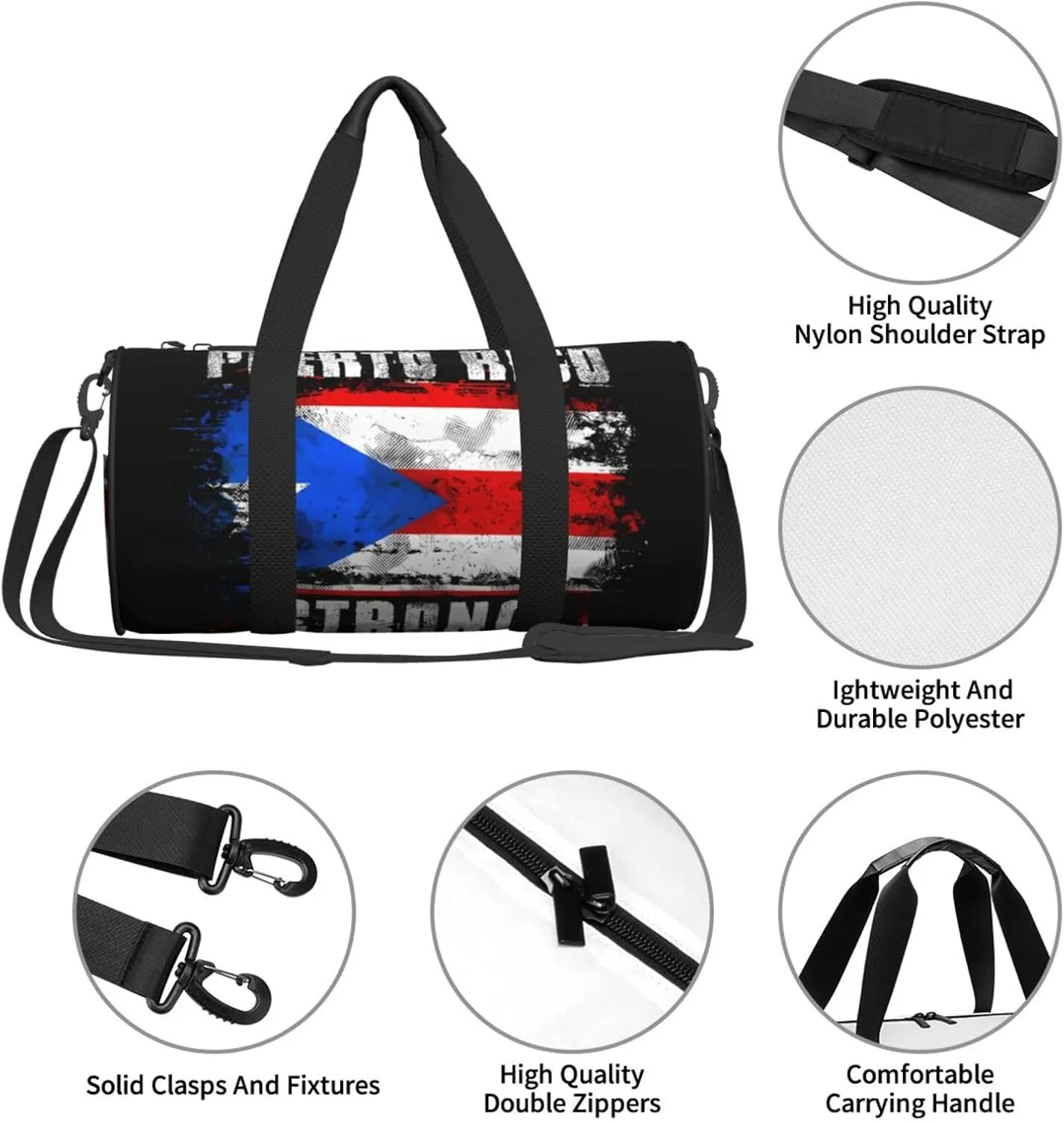 Puerto Rico Strong Graffiti Flag Round Travel Duffel Bag Large Capacity Gym Sports Bags for Hiking Vacation Trips