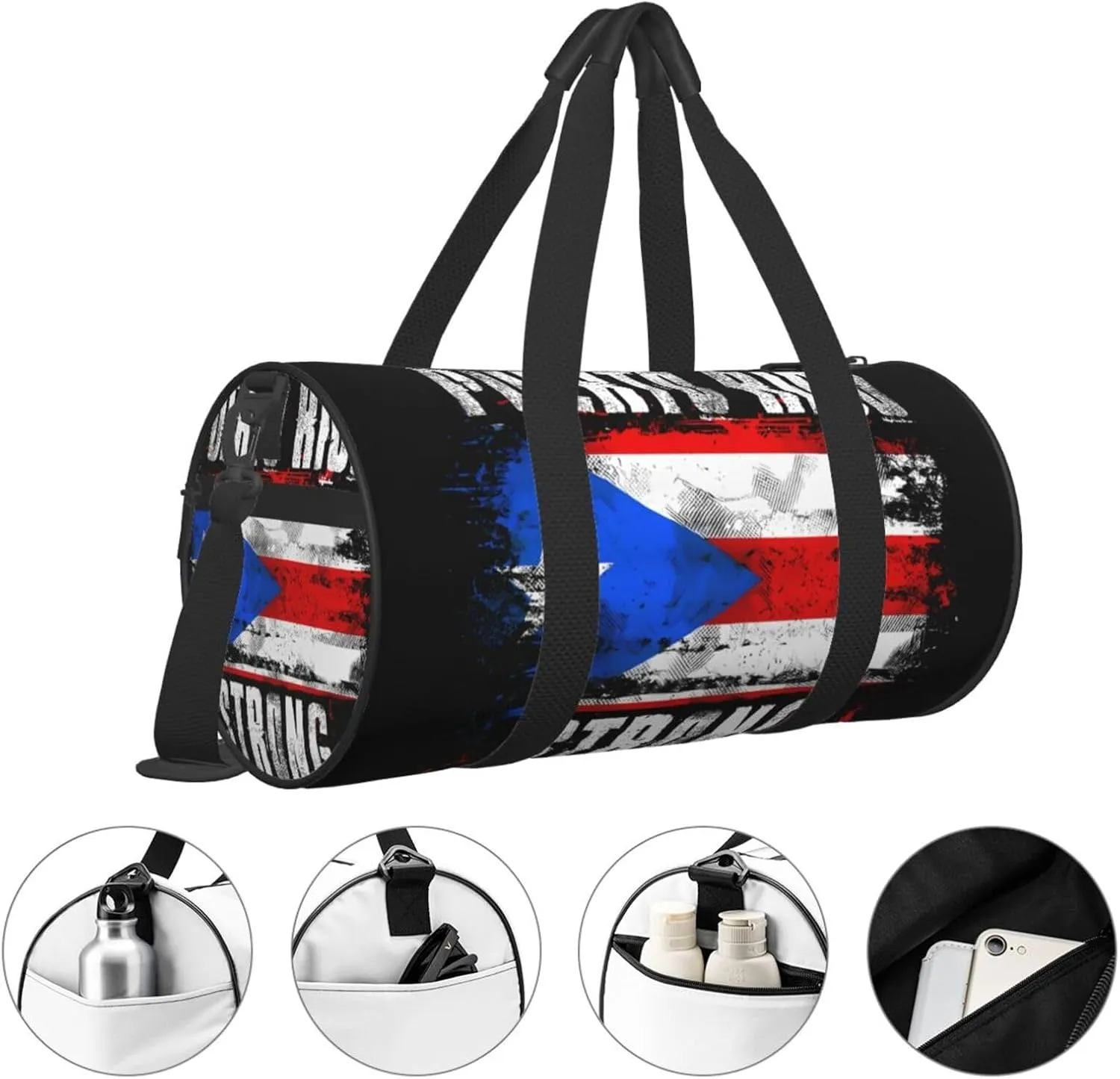 Puerto Rico Strong Graffiti Flag Round Travel Duffel Bag Large Capacity Gym Sports Bags for Hiking Vacation Trips