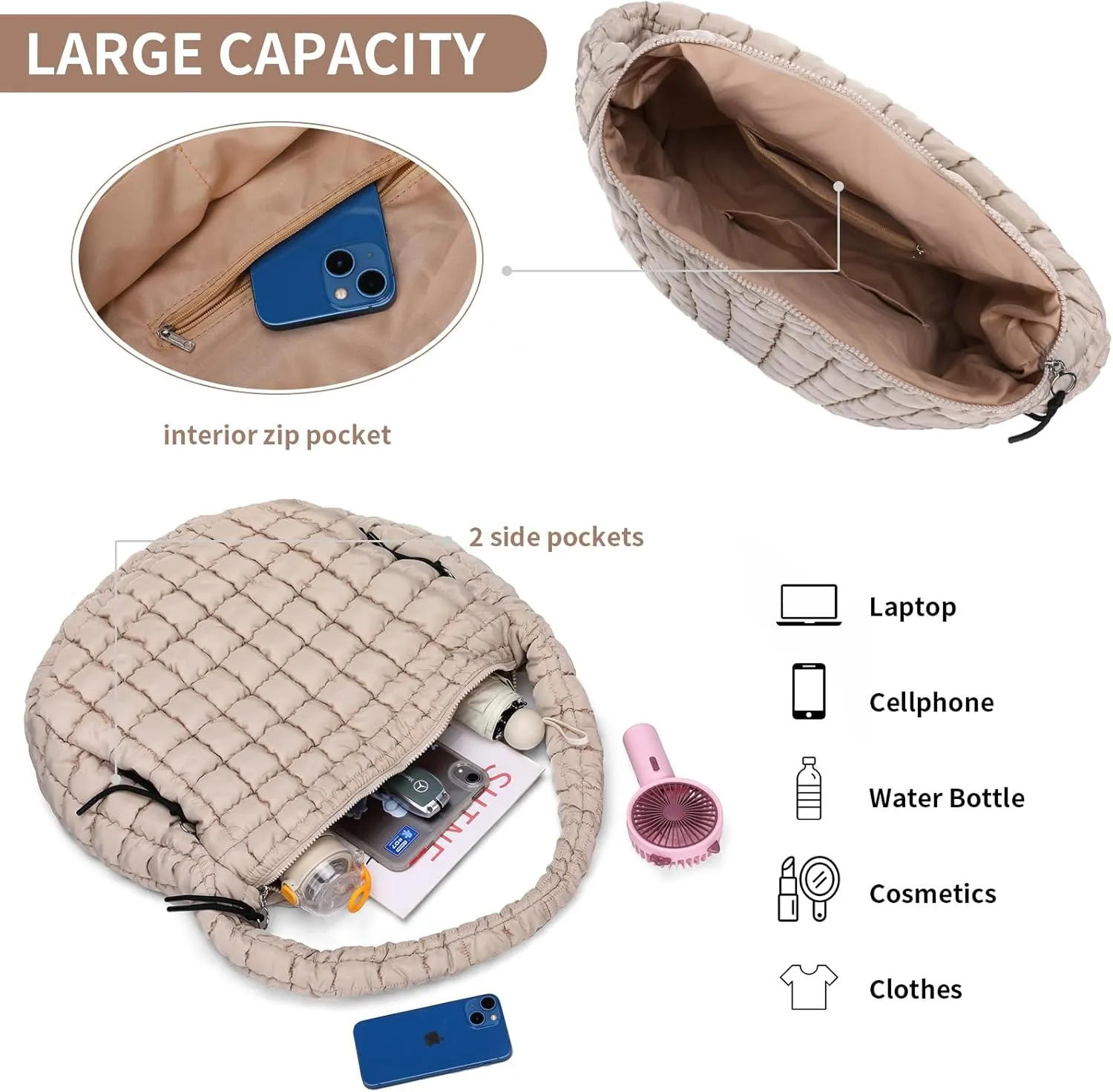 Puffer Tote Bag for Women - Large Quilted Crossbody Handbag - Lightweight Shoulder Hobo Bag - Soft Puffy Carryall